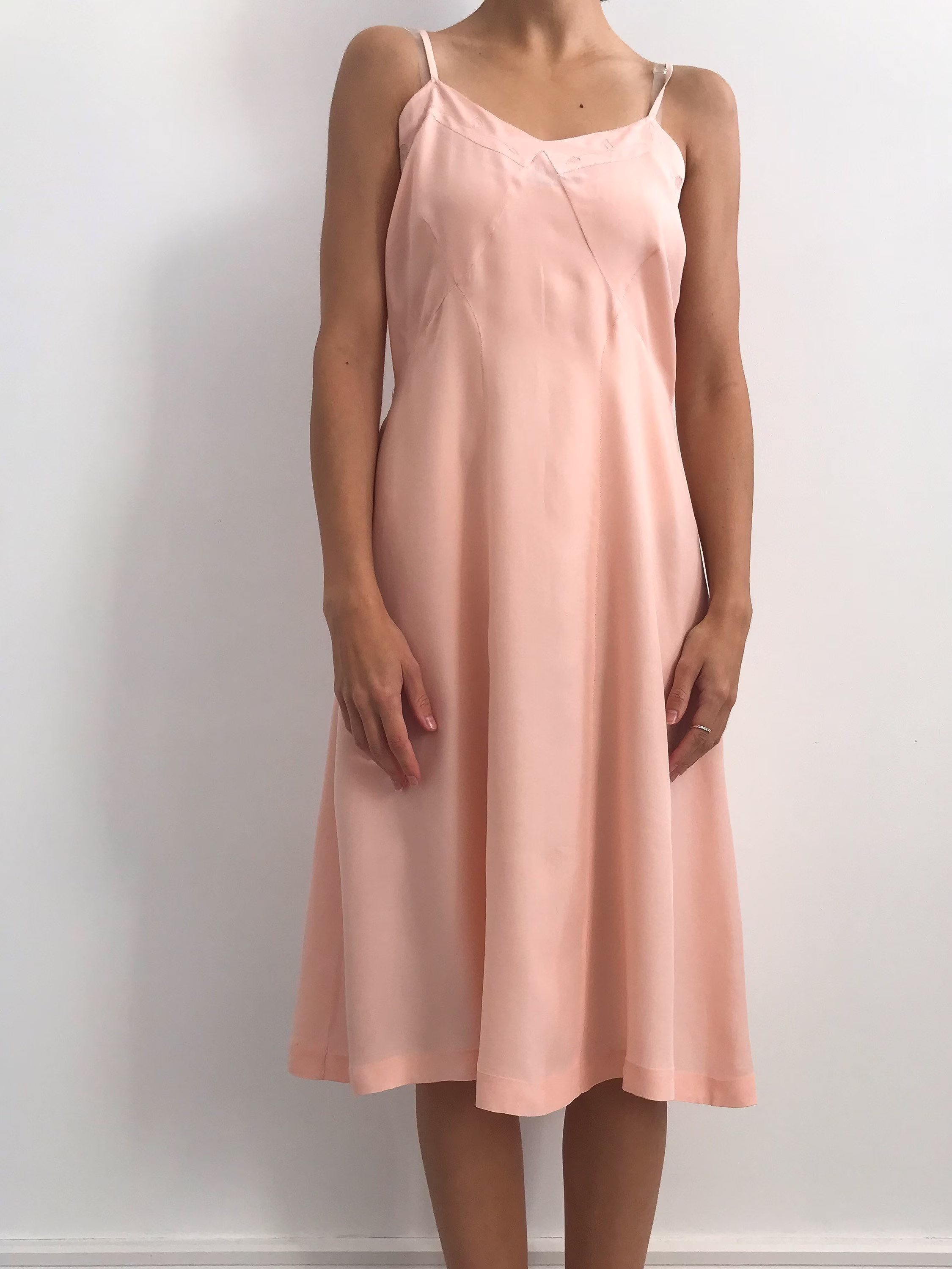 1930S Powder Pink Silk Crepe Midi Slip With Embroidered Floral Appliques Art Deco Style Length Romantic M
