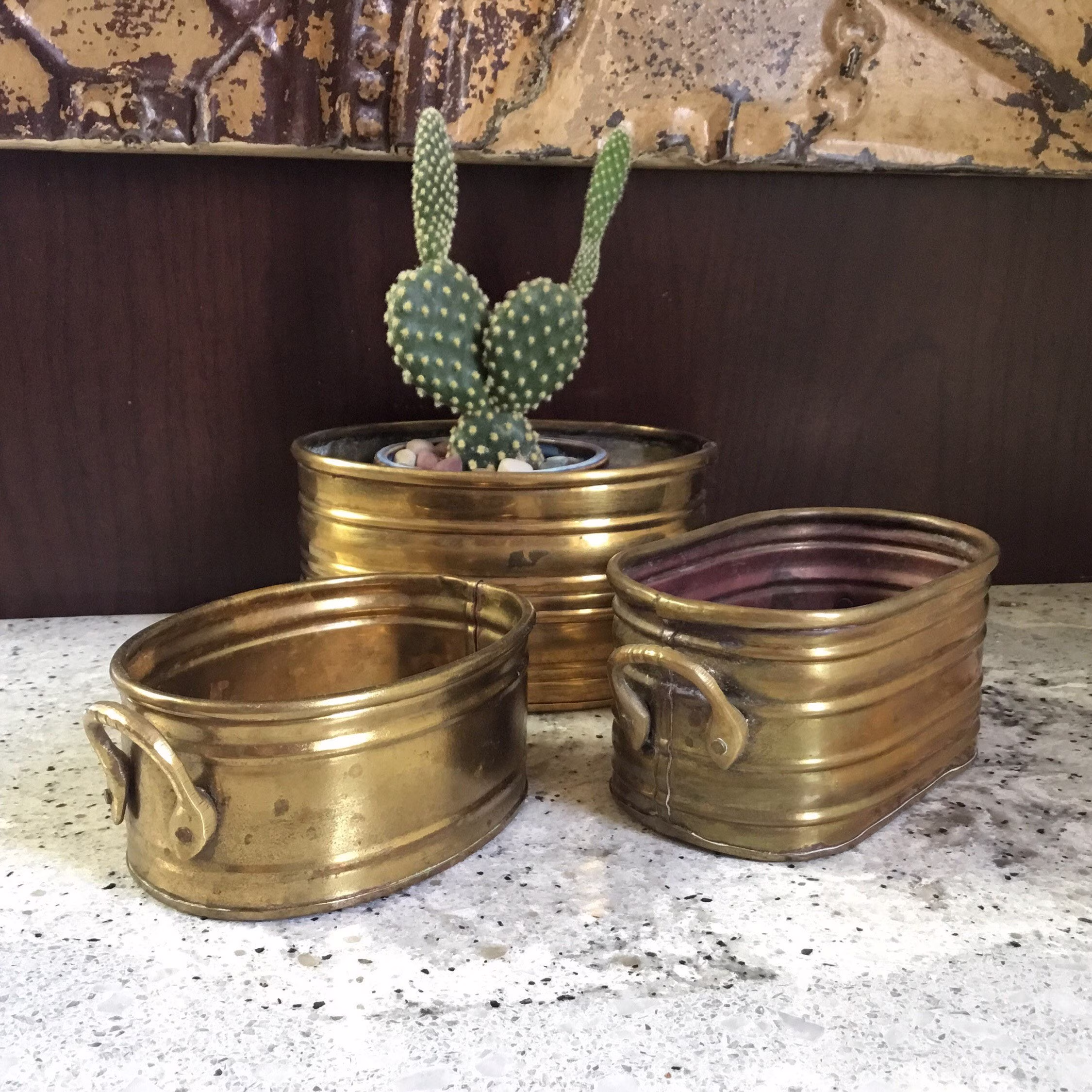 Three Vintage Small Brass Planters Herbs