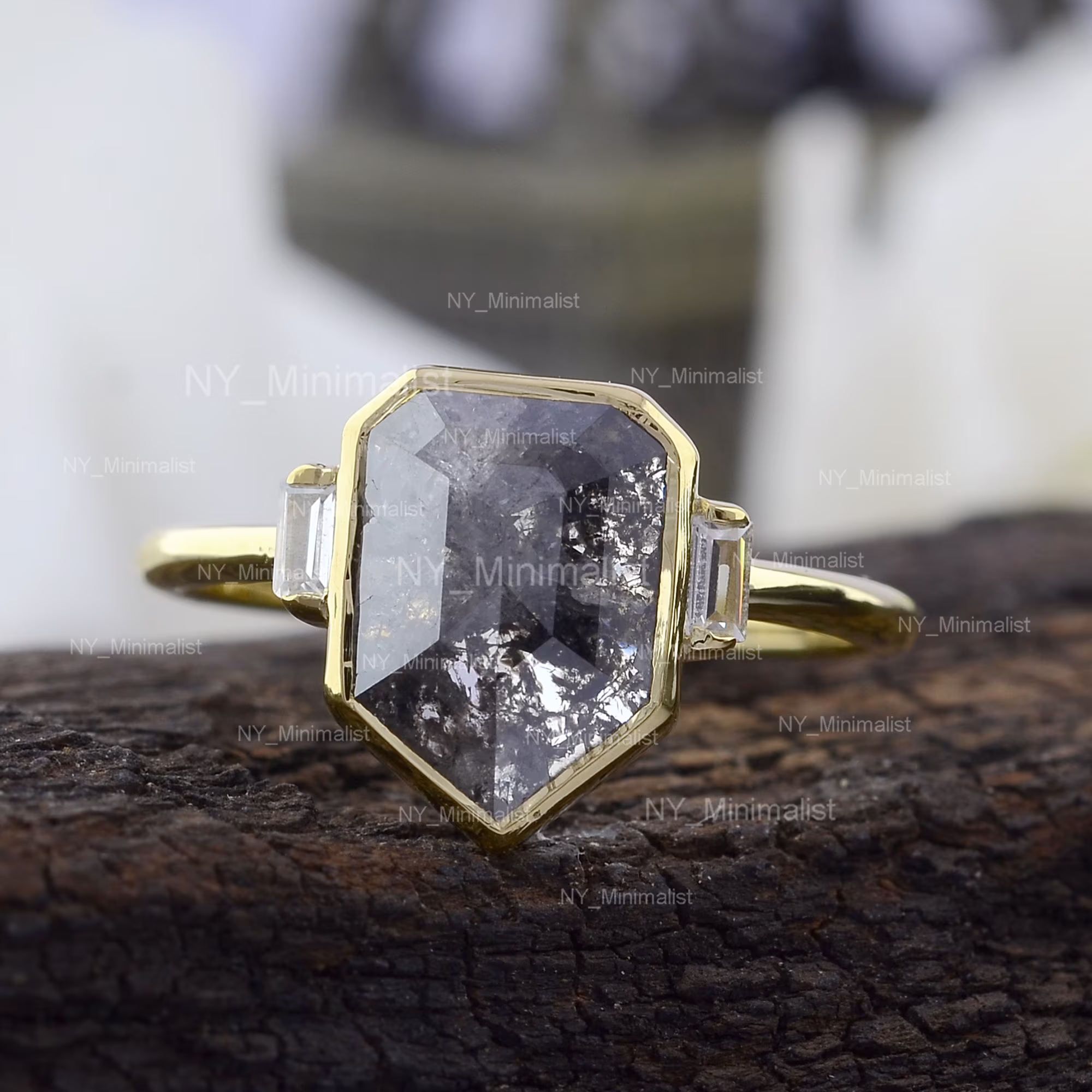 Shield Salt & Pepper Diamond Ring Black Rusting Engagement Jewelry 14K Sold Gold Certified