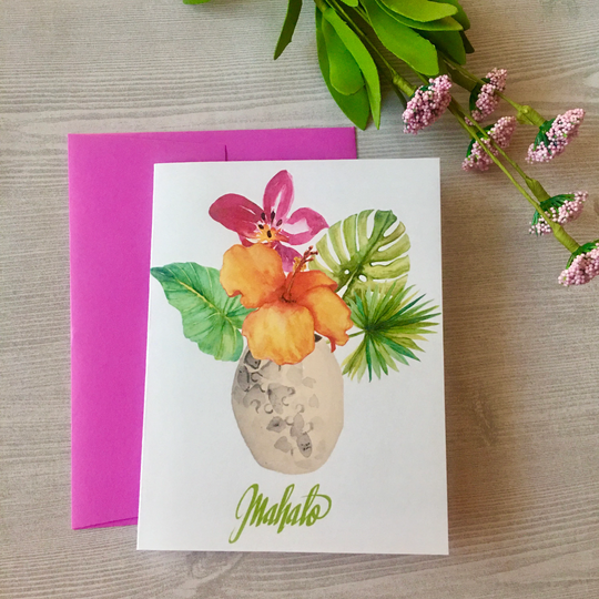 Mahalo Card, Tropical Thank You Hawaiian Hibiscus Watercolor Cards, Card Set, Handmade Cards