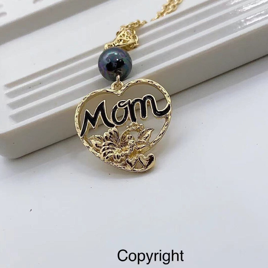 Mom Heart With Hibiscus Flower Hamilton Gold Necklace Shell Pearl
