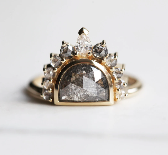 Salt Pepper Diamond Ring, Unique Engagement Half Moon Ombre Sunrise Ring