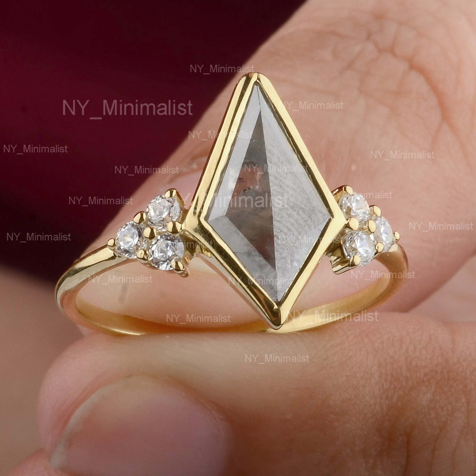 Kite Pepper Salt Diamond & Pave Solitaire Stable Wedding Band Ring in Solid 14K Yellow Gold Jewelry Gift For Her