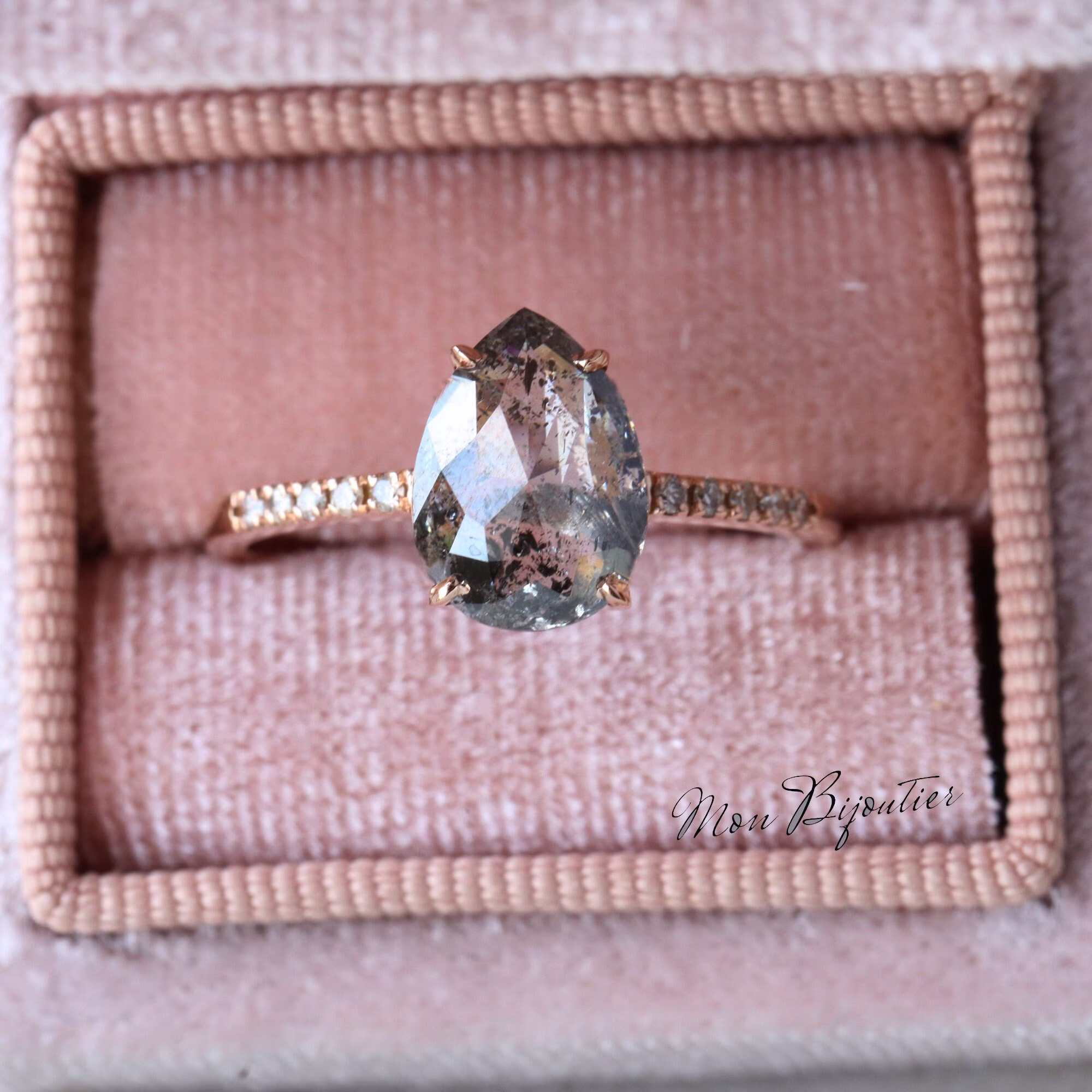Salt & Pepper Diamond Engagement Ring, Unique Rose Cut Pear Ring in 14K, 18K Solid Gold, Wedding Jewelry By Monbijoutier
