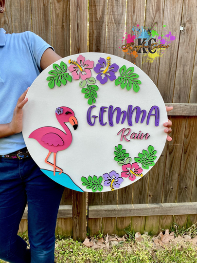 Flamingo Nursery Round Baby Girl Room Sign Hibiscus