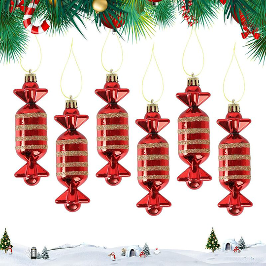 Kartokner - 6Pcs Christmas Tree Decorations,Candy Pendants Red Christmas Balls Ornaments with Glitter Powder Large Candy Barley Xmas Candy for