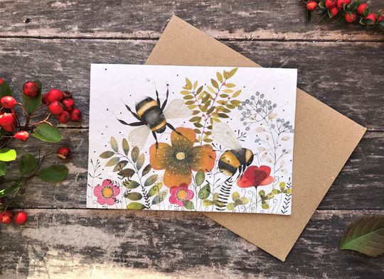 Plantable Seed Paper Birthday Card, Blank Inside, Autumn Card, Bee Cards, Bumble Bees , Flower Happy Card