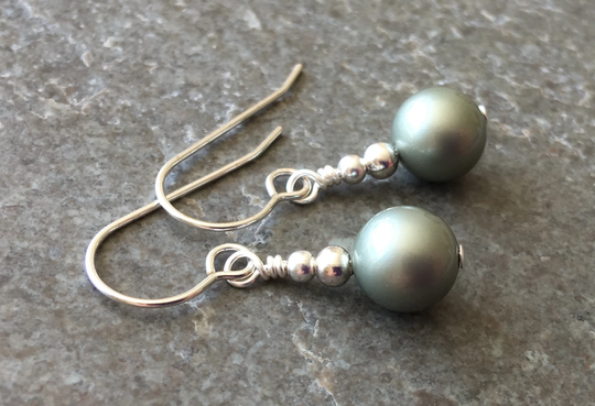 Powder Sage Green Swarovski Crystal Pearl Sterling Silver Drop Earrings - Bridesmaid Gift Box Sw2