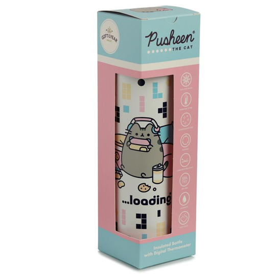 Pusheen Cat Gaming Reusable Stainless Steel Hot & Cold Thermal Insulated Bottle Digital Thermometer 450Ml - Official Merchandise New UK