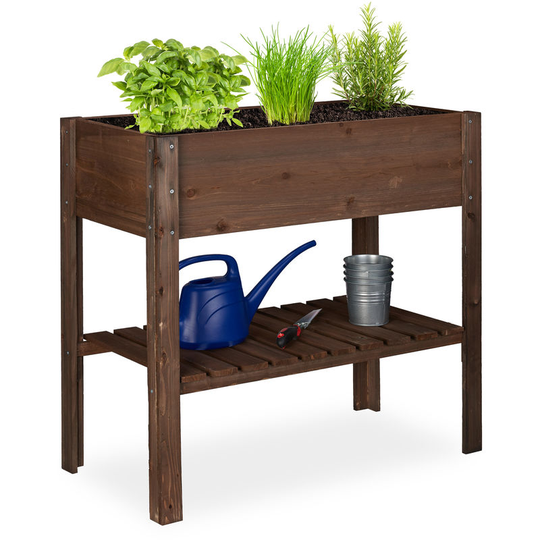 Relaxdays - Wooden Raised Garden Bed, Shelf, Balcony Planter Box, Patio & Garden, hwd 80 x 88 x 43.5 cm, Dark Brown