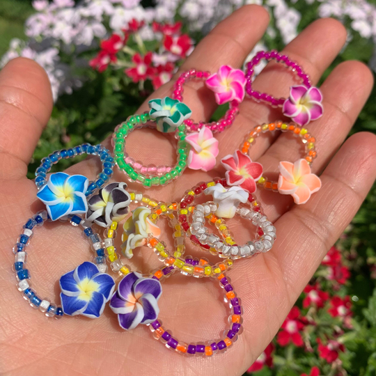 Polymer Clay Plumeria Flower Glass Seed Bead Rings. Hawaiian Rings