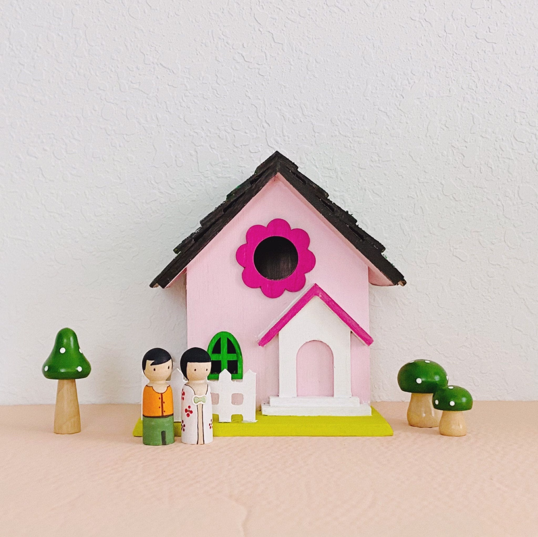 Wooden Doll House. Pink Nordic Decor