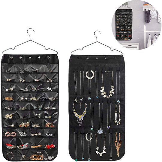 Hanging Jewelry Organizer, 40 Double Sided Pockets and 20 Magic Ribbon Hook Jewelry Organizer, Jewelry Chain Organizer, Black