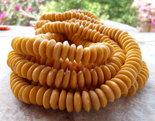 Full String(110 Mustard Yellow Ashanti Recycled Powder Glass Spacer Beads, Yellow Beads, Ethnic Ghana Beads, African Beads