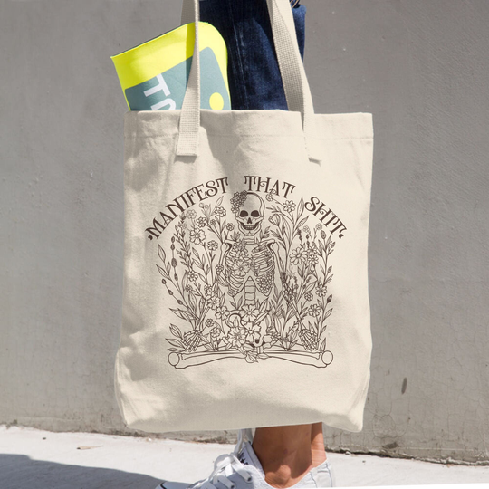 Manifest Skeleton Eco Friendly Organic Cotton Canvas Reusable Tote Bag, Floral Yoga Market Shopping Witchy Stuff Sustainable Gift