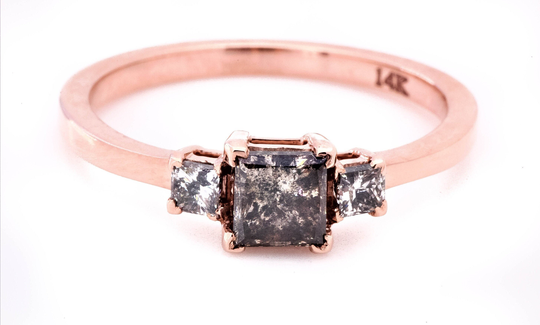 Salt & Pepper Diamond Ring, Natural Princess Cut Engagement 14K Gold Gift For Her