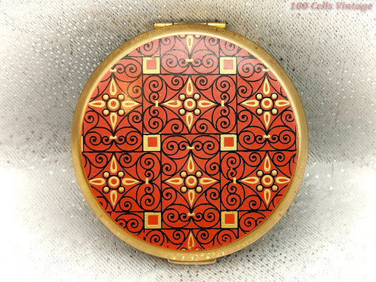 stratton Red & Gold Pattern-Vintage Ladies Powder Compact -8cm