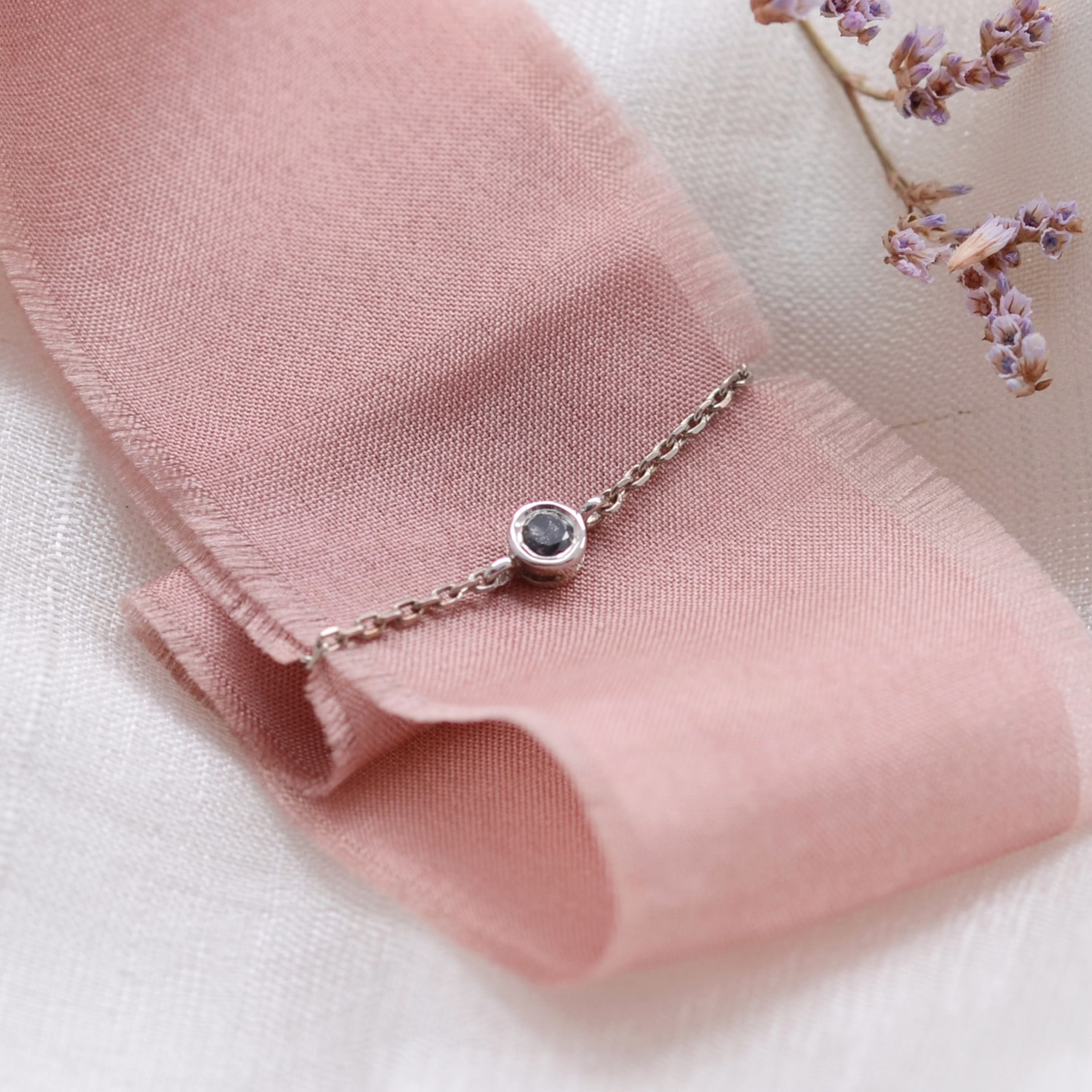 14K Gold Chain Ring Tiny Salt & Pepper Diamond Solid Gold Simple