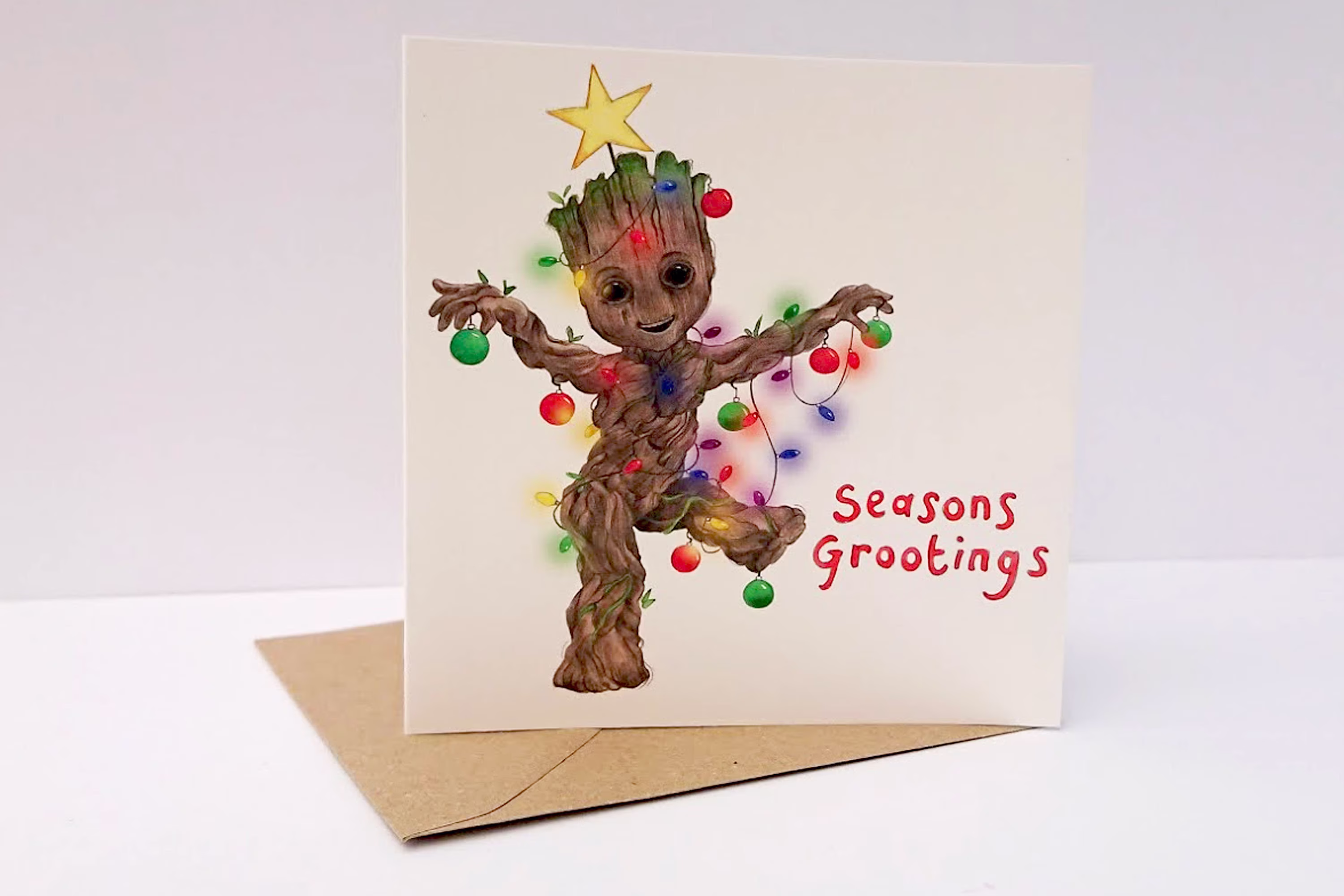 Groot, Seasons Grootings Christmas Card; Funny Humour; Gotg; Guardians Of The Galaxy; Illustration