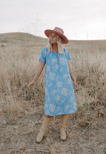 Floral Midi Dress // Powder Blue Flutter Sleeve Vintage Boho Hippy Hippie Large Mumu Summer