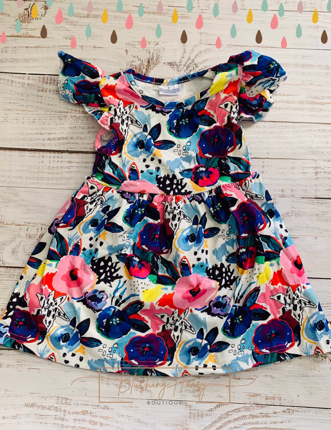 Milk Silk Navy Rainbow Flower Flutter Dress, Girls Toddler, Spring Summer Bright Flowers Dress Ships in 24 Hours Comfortable Soft