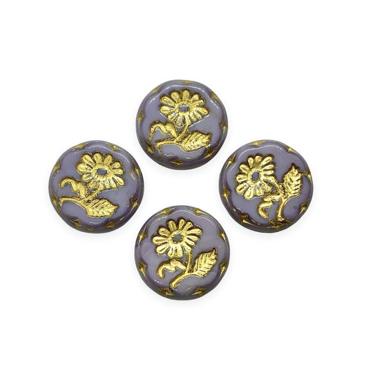 4Pcs Large Daisy Flower Coin Beads Opaque Purple Gold 18mm Czech Glass [|#2|]