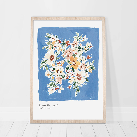 Powder Blue, Peach And Cream Floral Print