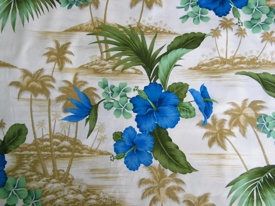 30 Inches Blue Khaki Hibiscus & Palm Tree Scenic Tropical Floral Print 100% Cotton Quilt Craft Shirting Fabric By The Piece