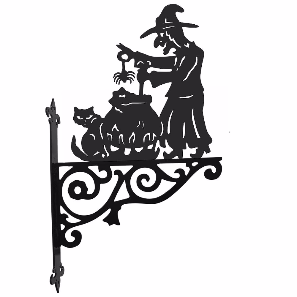 Witch & Couldron Ornamental Hanging Bracket - Contemporary Basket Wall Mounted Decorative Garden Black