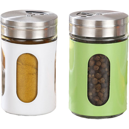 Fvbjd - Salt and Pepper Shakers Stainless Steel and Glass Set with Adjustable Pour Holes 1pcs green+1pcs white