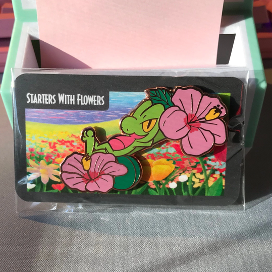 starters With Flowers Hard Enamel Pin - Gen 3 Grass | Cute Monster Pin, Kawaii Animated Hibiscus Flower