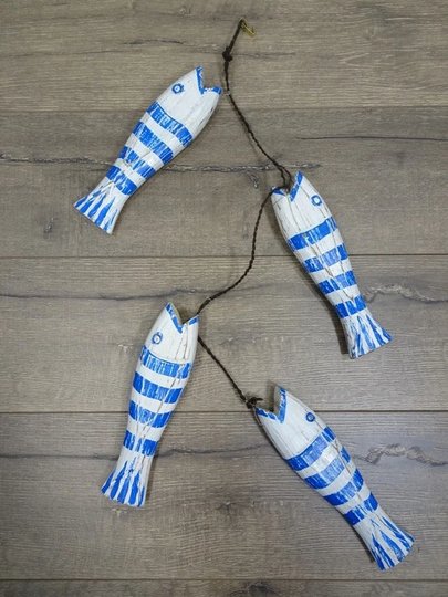 Hand-Crafted String Of 4 Lge Carved Wooden Striped Fish. 103x24cm