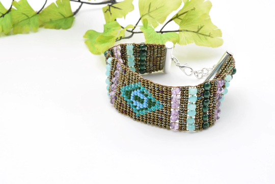 Loom Woven Bracelet, Gemstone, Seed Beads Loom Woven, Cuff Bracelet, Made in Colorado, Adjustable Malachite, Amazonite, Amethyst