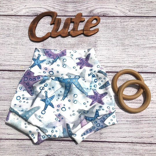 Organic, Starfish High Waisted Bummies, Shorties, Boho Baby Bloomers, Toddler Shorts, Diaper Cover, Under The Sea