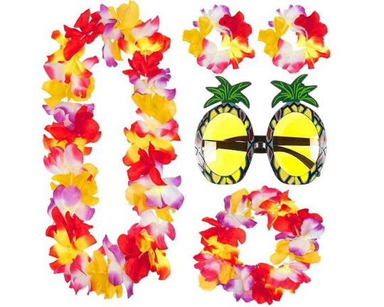4Pc Lei Set With Pineapple Glasses, Colourful Hibiscus Flowers, Hawaiian Fancy Dress, Tropical Accessories, Beach/Luau Summer Events
