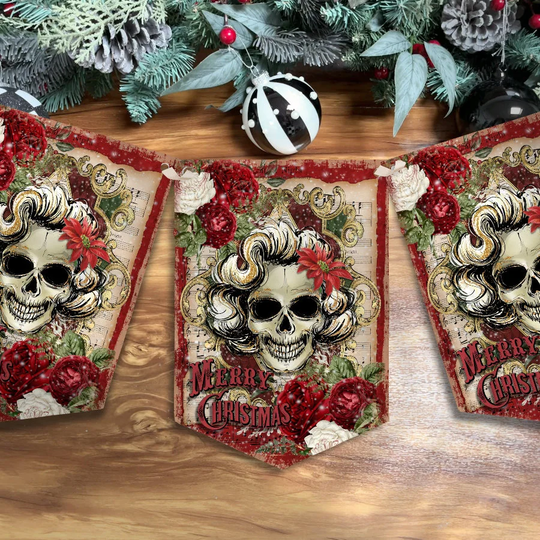 Vintage Floral Skull Christmas Bunting Goth Banner Garland Gothic Party Decoration Xmas Holiday Decor Seasons Greetings