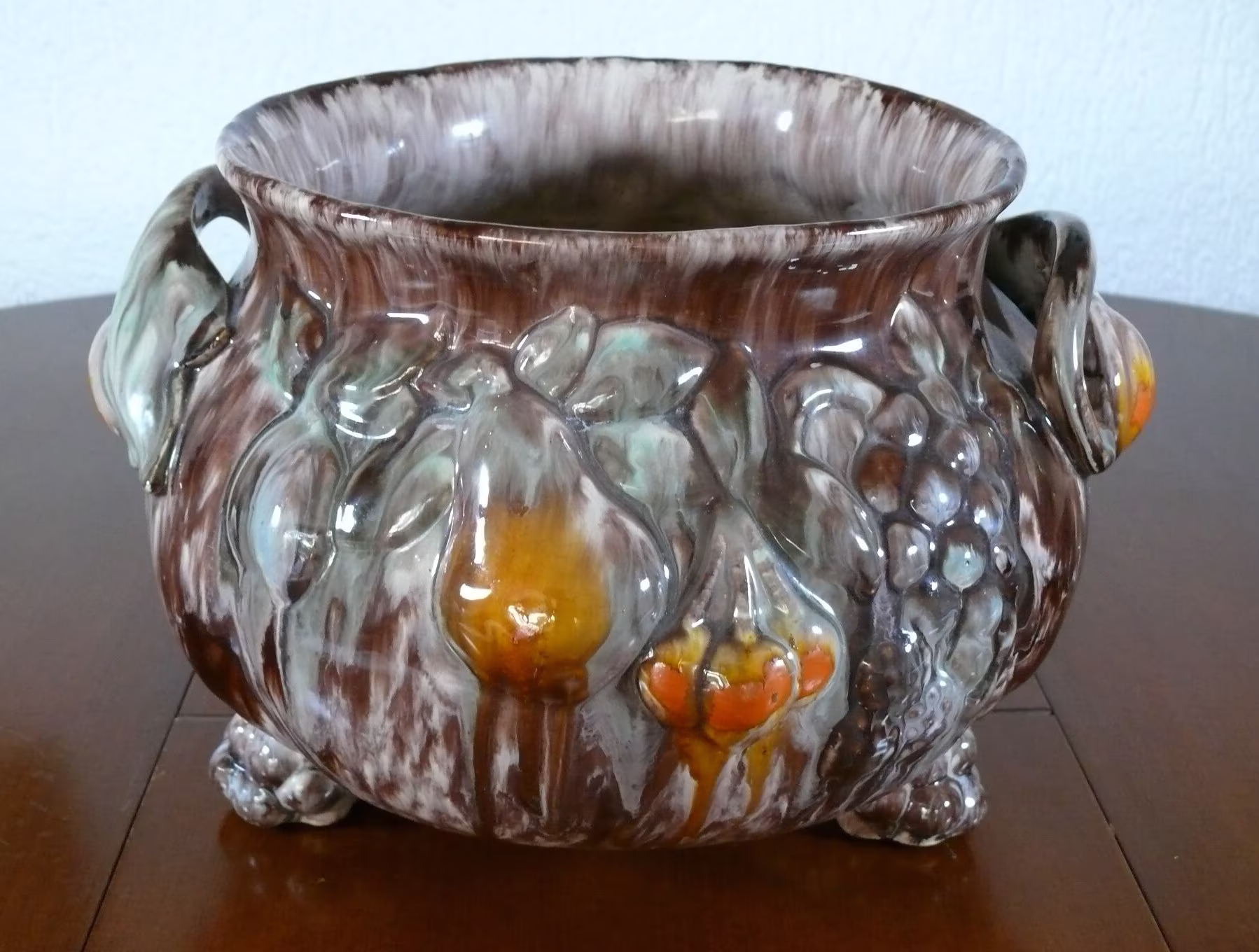 Midcentury Ceramic Planter . Majolica Art Deco Style Hand Made Belly Pot , High Gloss, Glazed , Fruit Décor 20 By 34cm Floor Planter. Xlarge