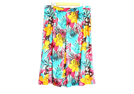 Tropical Print Skirt Vintage Blue Hawaiian Palm Leaf Hibiscus Exotic Flower Patterned Pleated A-Line Skirt, UK 20, Plus Size