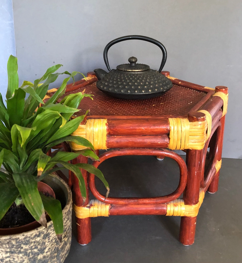 Bamboo Stool Plant Stand, Vintage Cane Hexagonal Tiki Low Side Table