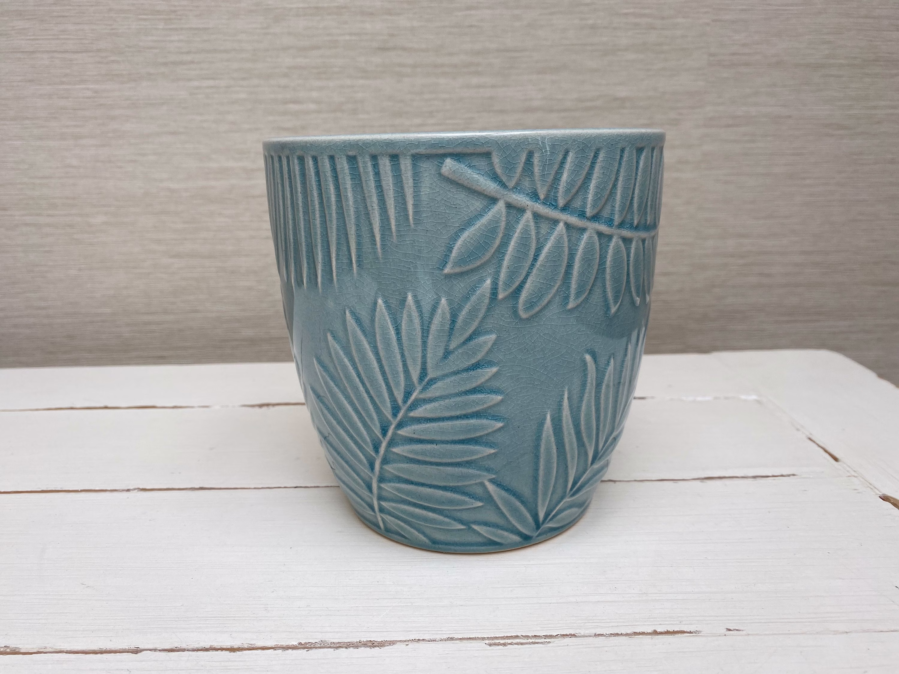 Aqua Blue Tropical Leaf Ceramic Planter