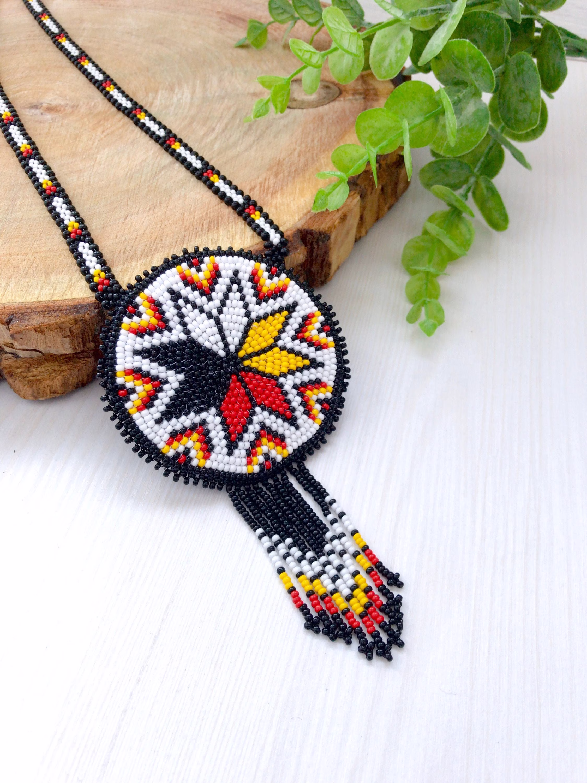 Native Medicine Wheel Style Medallion American Beadwork Necklace Ethnic Beaded Jewelry Morning Star Boho Unisex Pendant