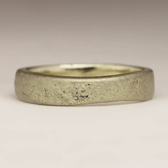 Flat Organic Ring, Natural Jewellery, Recycled 9Ct White Gold, Cast in Beach Sand, 4mm Wedding Band Matte, Rustic Elemental Jewellery