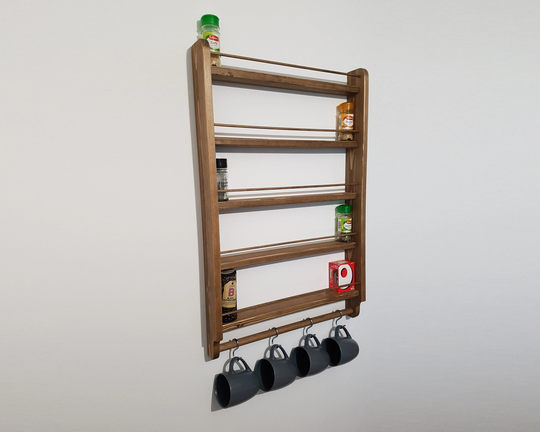 Spice Rack Rustic 5 Shelf Wall Mountable Kitchen Storage Cup Mug Utensil Hooks