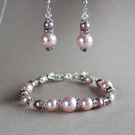 Light Pink Blush Dusky Powder Rose Swarovski Pearls Crystals Silver Earrings Bracelet Vintage Wedding Bridal Bridesmaid 2 Piece Jewelry Set