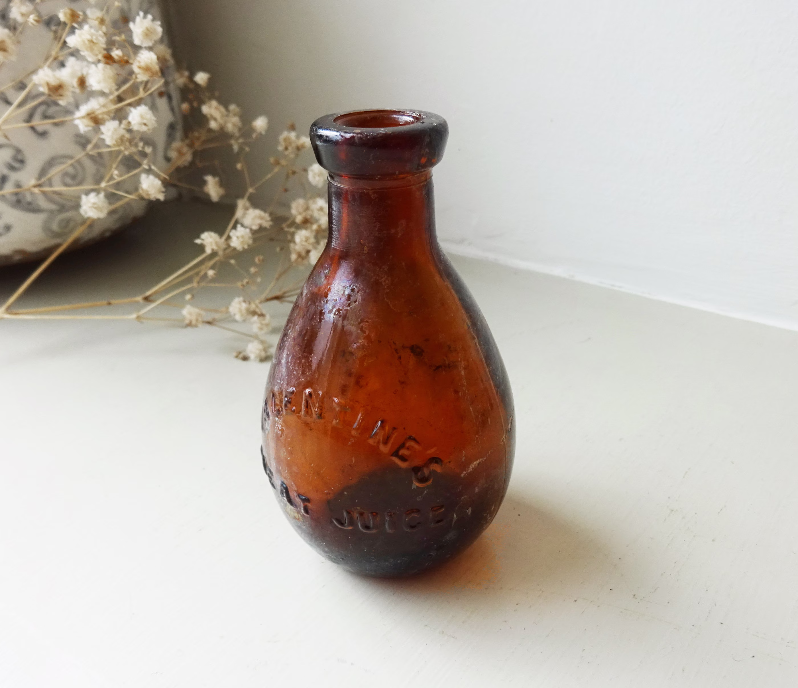 Antique Valentine's Meat Juice Bottle, Amber Beef Extract Cure All Like Virol & Bovril, Bud Vase, Shelf Decor, Styling