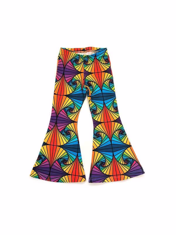 Organic Retro Kids Flares, 70S Style Psychedelic Print Bell Bottoms For Babies & Up To 14 Years. Kaleidoscope Handmade
