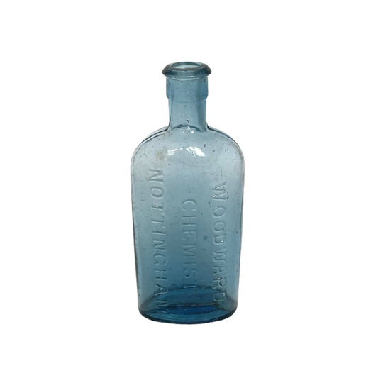 Victorian Woodward Chemist Nottingham Bottle, Blue Apothecary Old Pharmacy Medicine Glass Bottle