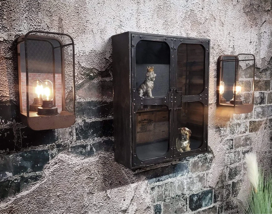 Industrial Wall Cabinet Rustic Metal Unit Display With Glass Doors