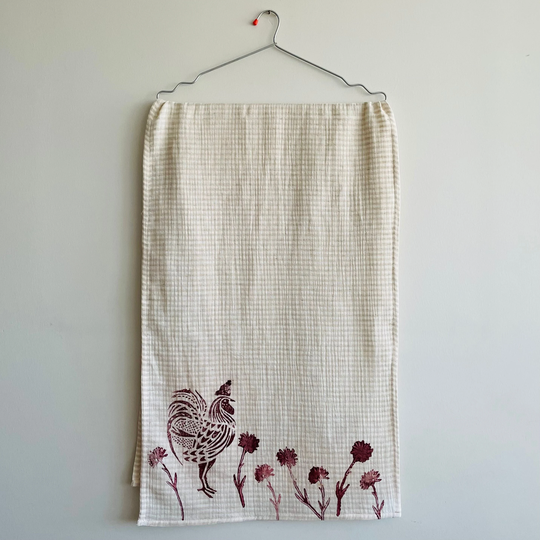 Hand Block Printed Table Runner in A Burgundy Rooster Design