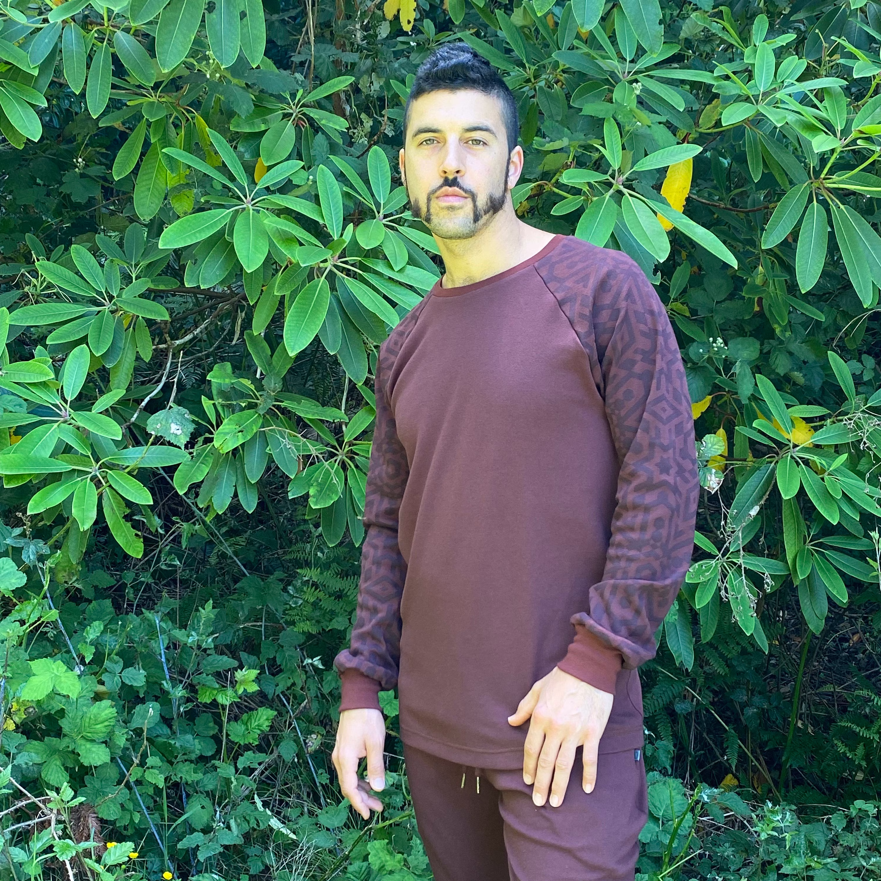 Vortex Long Sleeve - Organic Cotton Unisex Crew Neck Raglan/Sacred Geometry Clothing Men's Women's Geometric Natural Brown